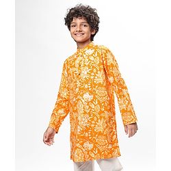 Pine Kids Cotton Woven Full Sleeves Kurta with Floral Print - Orange
