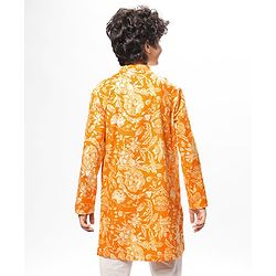 Pine Kids Cotton Woven Full Sleeves Kurta with Floral Print - Orange
