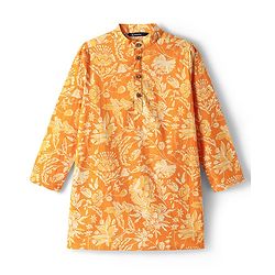 Pine Kids Cotton Woven Full Sleeves Kurta with Floral Print - Orange
