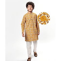 Pine Kids Cotton Woven Full Sleeves Kurta & Pyjama With Floral Print - White & Yellow