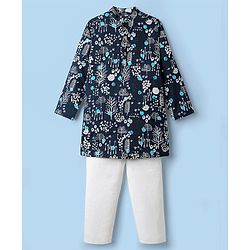 Pine Kids Cotton Woven Full Sleeves Printed Kurta Pyjama Set - Black & White