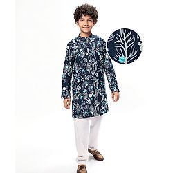 Pine Kids Cotton Woven Full Sleeves Printed Kurta Pyjama Set - Black & White
