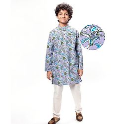 Pine Kids Cotton Woven Full Sleeves Kurta & Pyjama With Floral Print - Lilac