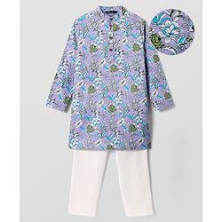 Pine Kids Cotton Woven Full Sleeves Kurta & Pyjama With Floral Print - Lilac