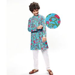 Pine Kids Cotton Woven Full Sleeves Kurta & Pyjama With Floral Print - Light Blue