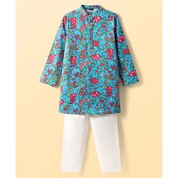 Pine Kids Cotton Woven Full Sleeves Kurta & Pyjama With Floral Print - Light Blue