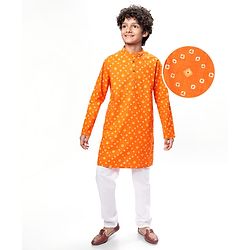Pine Kids Cotton Woven Full Sleeves Kurta & Pyjama With Bandhani Print - Orange