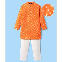 Pine Kids Cotton Woven Full Sleeves Kurta & Pyjama With Bandhani Print - Orange