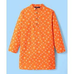 Pine Kids Cotton Woven Full Sleeves Kurta & Pyjama With Bandhani Print - Orange