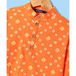 Pine Kids Cotton Woven Full Sleeves Kurta & Pyjama With Bandhani Print - Orange