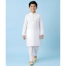 Pine Kids Cotton Woven Mandarin Collar Full Sleeves Solid Colour Kurta Pyjama Set - White
