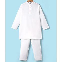 Pine Kids Cotton Woven Mandarin Collar Full Sleeves Solid Colour Kurta Pyjama Set - White