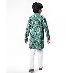 Pine Kids Cotton Woven Full Sleeves Kurta With Floral Print - Dark Green