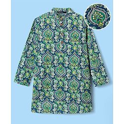 Pine Kids Cotton Woven Full Sleeves Kurta With Floral Print - Dark Green