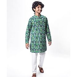 Pine Kids Cotton Woven Full Sleeves Kurta With Floral Print - Dark Green