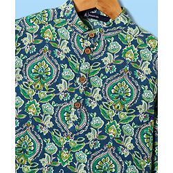 Pine Kids Cotton Woven Full Sleeves Kurta With Floral Print - Dark Green