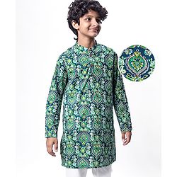Pine Kids Cotton Woven Full Sleeves Kurta With Floral Print - Dark Green