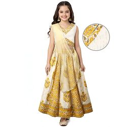 Pine Kids Cotton Woven Sleeveless Choli Lehenga Set & Dupatta With Floral Print & Lace Detailing - Mustard