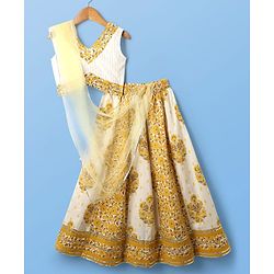Pine Kids Cotton Woven Sleeveless Choli Lehenga Set & Dupatta With Floral Print & Lace Detailing - Mustard