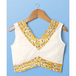 Pine Kids Cotton Woven Sleeveless Choli Lehenga Set & Dupatta With Floral Print & Lace Detailing - Mustard