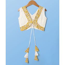 Pine Kids Cotton Woven Sleeveless Choli Lehenga Set & Dupatta With Floral Print & Lace Detailing - Mustard