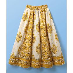 Pine Kids Cotton Woven Sleeveless Choli Lehenga Set & Dupatta With Floral Print & Lace Detailing - Mustard