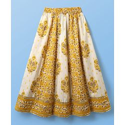 Pine Kids Cotton Woven Sleeveless Choli Lehenga Set & Dupatta With Floral Print & Lace Detailing - Mustard