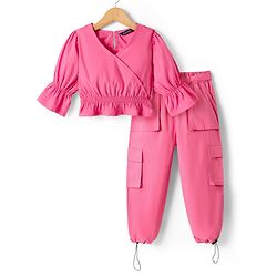Pine Kids Poplin Woven Full Sleeves Solid Top & Lounge Pant Set - Dark Pink