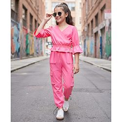 Pine Kids Poplin Woven Full Sleeves Solid Top & Lounge Pant Set - Dark Pink