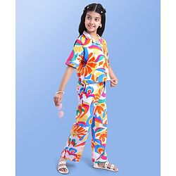 Pine Kids Single Jersey Knit Half Sleeves Co-ords Shirt & Pant Set with Floral Print - Orange