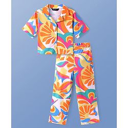 Pine Kids Single Jersey Knit Half Sleeves Co-ords Shirt & Pant Set with Floral Print - Orange