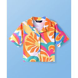 Pine Kids Single Jersey Knit Half Sleeves Co-ords Shirt & Pant Set with Floral Print - Orange