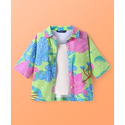 Pine Kids Single Jersey Knit Half Sleeves Shirt & Pant Co-Ords Set with Inner Tee & Floral Print - Light Green