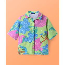 Pine Kids Single Jersey Knit Half Sleeves Shirt & Pant Co-Ords Set with Inner Tee & Floral Print - Light Green