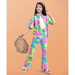 Pine Kids Single Jersey Knit Half Sleeves Shirt & Pant Co-Ords Set with Inner Tee & Floral Print - Light Green