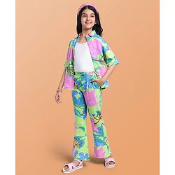 Pine Kids Single Jersey Knit Half Sleeves Shirt & Pant Co-Ords Set with Inner Tee & Floral Print - Light Green