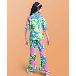 Pine Kids Single Jersey Knit Half Sleeves Shirt & Pant Co-Ords Set with Inner Tee & Floral Print - Light Green