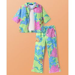 Pine Kids Single Jersey Knit Half Sleeves Shirt & Pant Co-Ords Set with Inner Tee & Floral Print - Light Green
