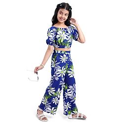 Pine Kids Single Jersey Knit Half Puffed Sleeves Co-ords Top & Pant Set with Floral Print - Navy Blue
