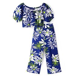 Pine Kids Single Jersey Knit Half Puffed Sleeves Co-ords Top & Pant Set with Floral Print - Navy Blue