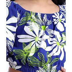 Pine Kids Single Jersey Knit Half Puffed Sleeves Co-ords Top & Pant Set with Floral Print - Navy Blue