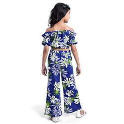 Pine Kids Single Jersey Knit Half Puffed Sleeves Co-ords Top & Pant Set with Floral Print - Navy Blue
