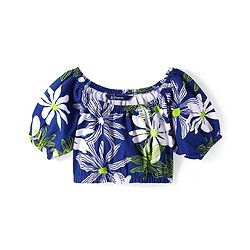 Pine Kids Single Jersey Knit Half Puffed Sleeves Co-ords Top & Pant Set with Floral Print - Navy Blue