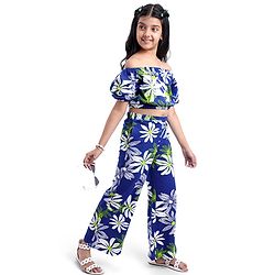 Pine Kids Single Jersey Knit Half Puffed Sleeves Co-ords Top & Pant Set with Floral Print - Navy Blue