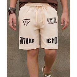 Pine Kids Looper Knit Knee Length Shorts with Text Print - Beige