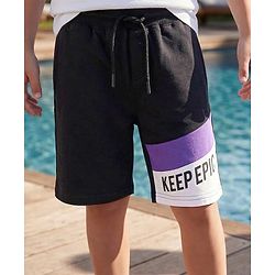 Pine Kids Looper Knit Knee Lenght Cut & Sew Shorts with Text Print - Black