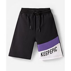 Pine Kids Looper Knit Knee Lenght Cut & Sew Shorts with Text Print - Black