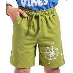 Pine Kids Looper Knit Above Knee Length Shorts With Compass Print - Olive Green