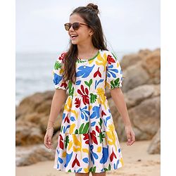 Pine Kids Cotton Knit Half Puffed Sleeves Dress with Leaves Print - White
