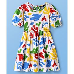 Pine Kids Cotton Knit Half Puffed Sleeves Dress with Leaves Print - White